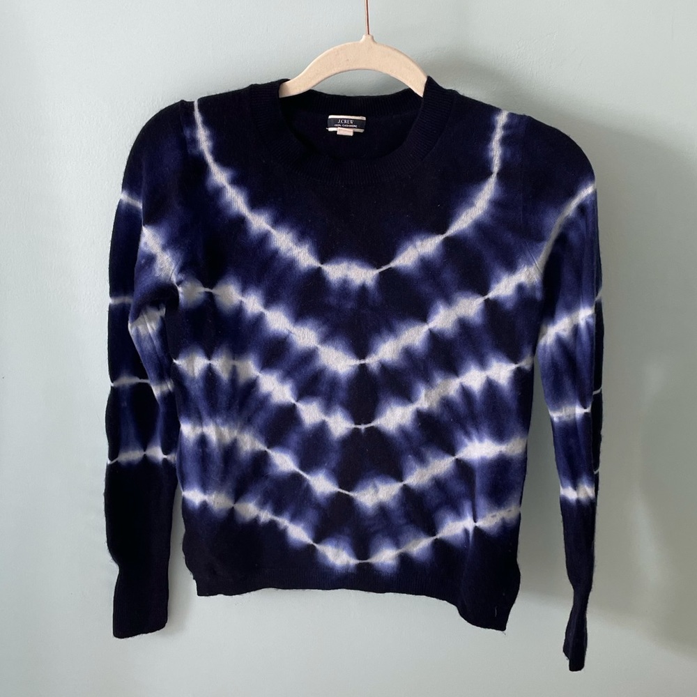 J. Crew Navy tie-dye cashmere crewneck sweater